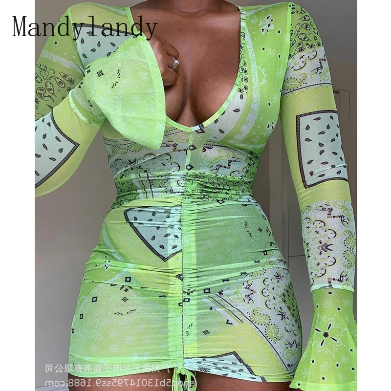

Mandylandy Dress Autumn Fashion V-neck Flared Sleeves Lace-up Pleated Dress Women's Sexy Printed See-through Mesh Dress