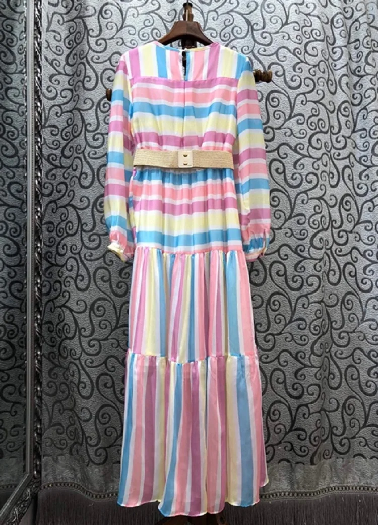 

Женское длинное платье с поясом, повседневное длинное платье макси в стиле бохо, украшенное принтом радуги и длинным рукавом, лето 2020