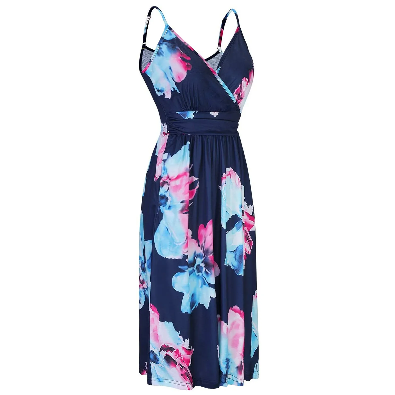 

New 2021 Women Summer Dress Off Shoulder V-neck Floral Dresses Spaghetti Strap Female High Waist Party Sleeveless Vestidos Robe
