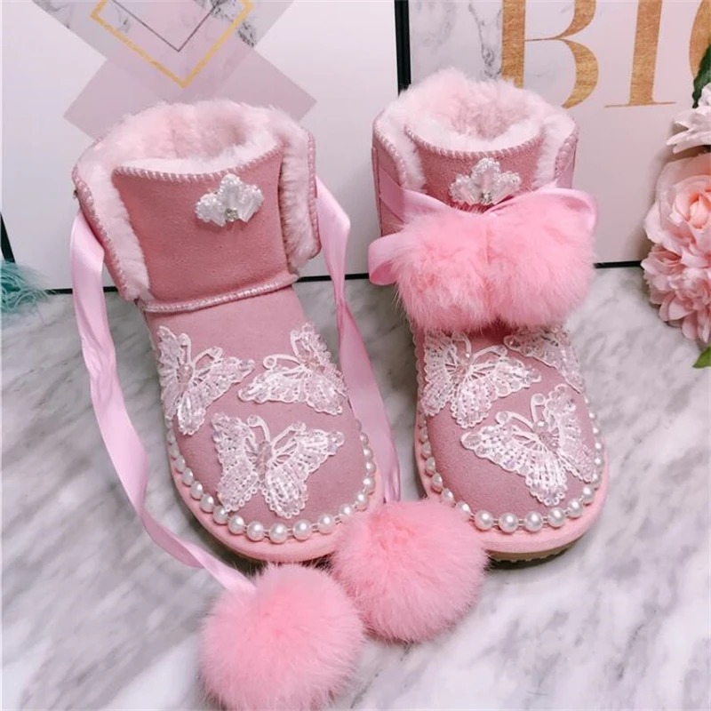 

Hair ball snow boots heavy work little fairy butterfly embroidery short tube big cotton boots 2019 winter new pink