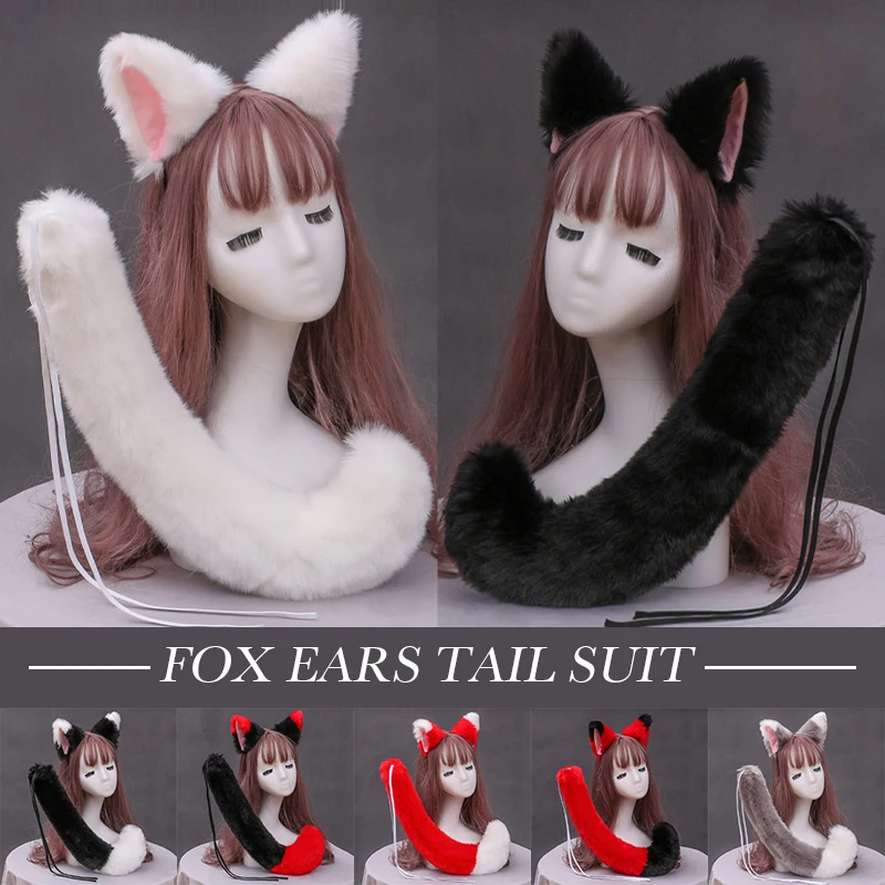 

Anime Women Fox Ear Cat Girl Plush Headband Tail Housekeeper Maid Dressing Set Halloween Carnival Party Cosplay Props Costume