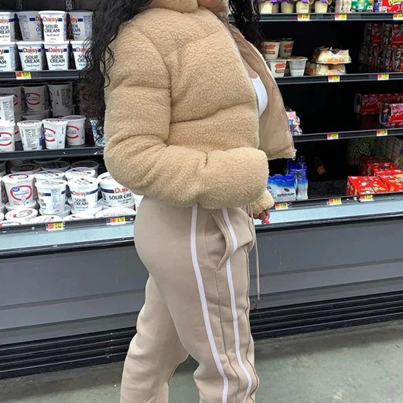 Short Fluffy Jacket Autumn Winter Parkas Lamb Wool Cotton Coat Stand Collar Fashion Casual Simple Warm Outwear Khaki Streetwear