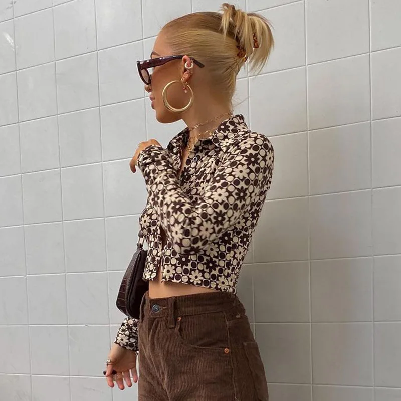 

Vintage Floral Print Top Y2k Women Fashion Streetwear 2021 Turn-Down Collar Crop Shirts Brown Blouses Long Sleeve Tee 90s Club