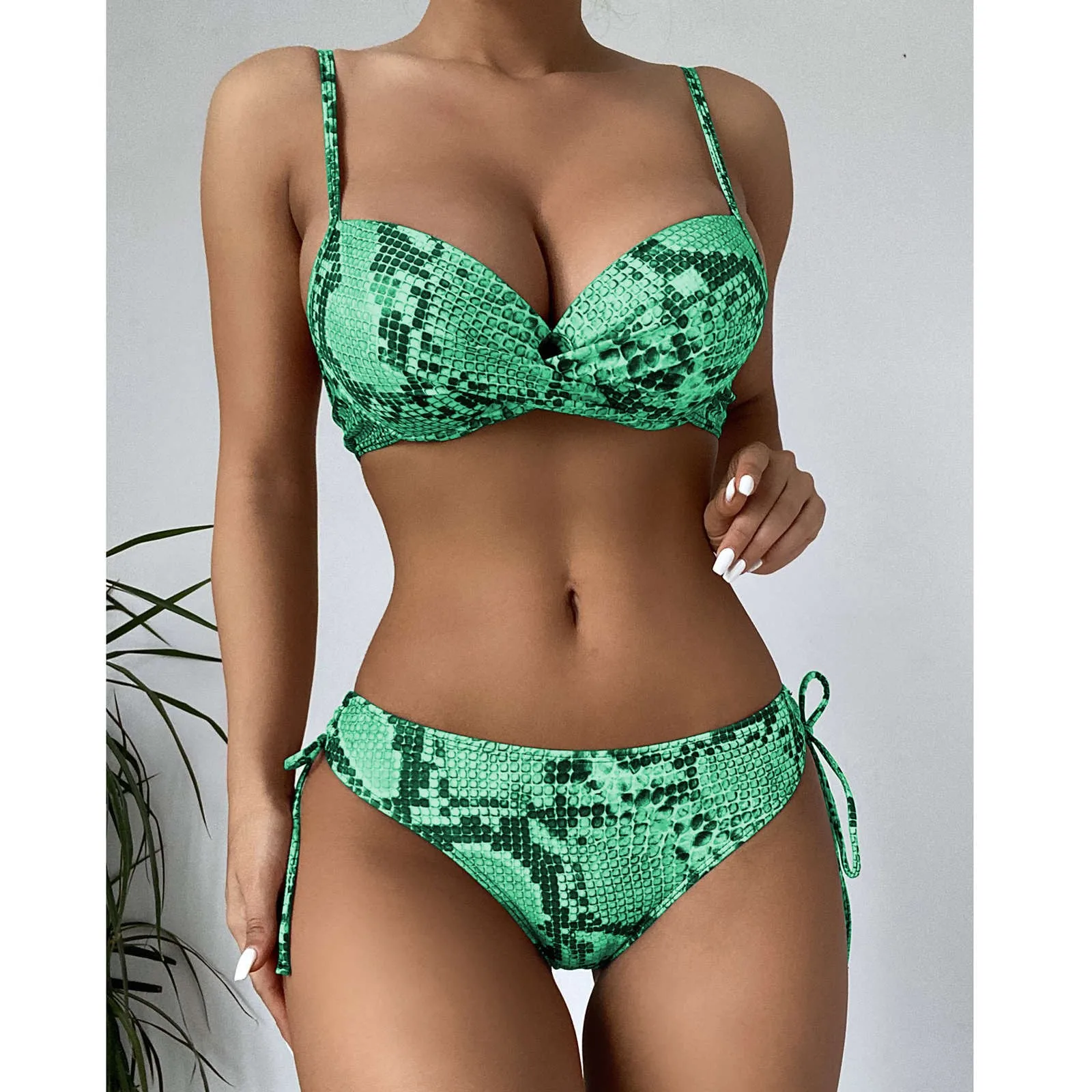 

Women Two-Piece Snake Print Steel Bracket Lace-up Swimsuit Bikini Swimwear Strapless Leopard Swimsuit Female