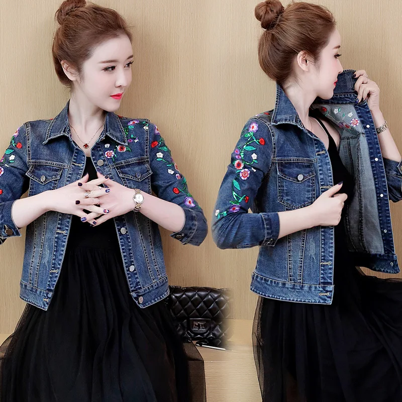 

Plus Size 5XL Floral Women Denim Coat Embroidery Short Basic Ladies Jean Jacket Slim Flower Outwear Jackets 2020 New