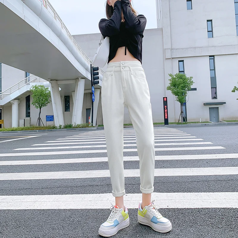 

Новинка 2021, осенние джинсы, женские прямые свободные укороченные штаны с высокой талией, утягивающие штаны, модный стиль средней длины