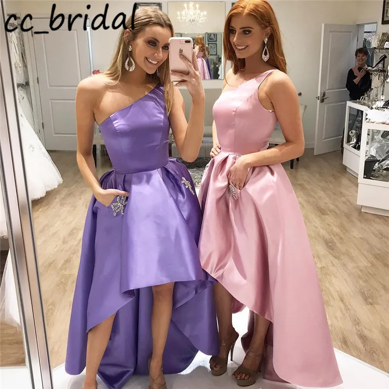 

Charming Hi-low Satin Homecoming Dresses 2020 Elegant One Shoulder Dress for Graduation With Pocket vestido juvenil Customize