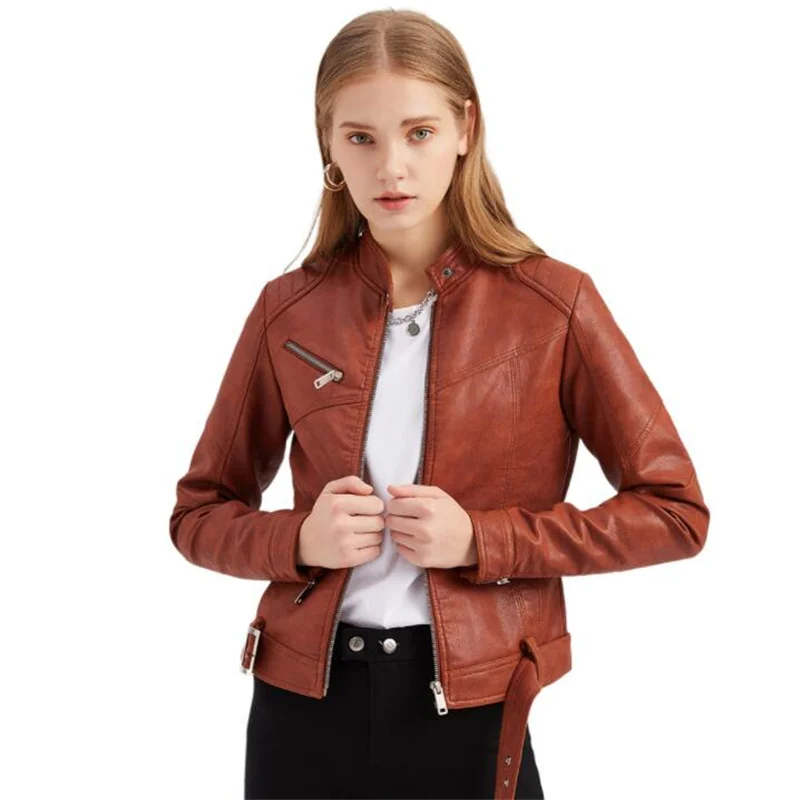 New European size leathers jacket women short coats belt large size slim stand collar thin clothing куртка зимняя женская