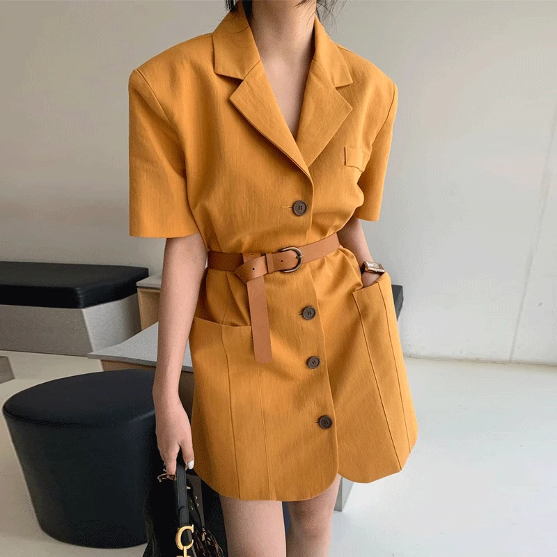 

INS Style Korean Style Suit Business Suit Collar Pocket Single Breasted Dress Waistband