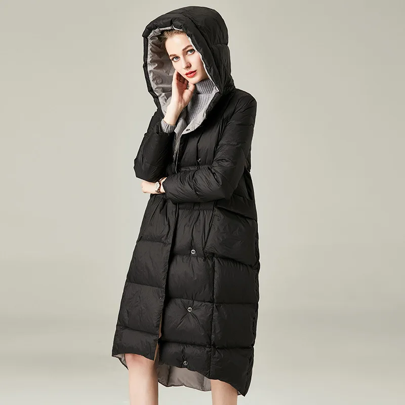 Women's Loose Down Jacket Hooded Double-Breasted White Duck Down Ultra Long Warm Puffer Jacket Down Parka Female Outerwear