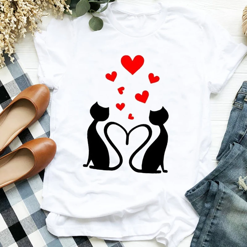 

Women Cartoon Cat Coffee Life Pet Cute Trend Fashion Lady Print Tshirt Shirt Clothes Top Graphic Female T Tee Women's T-shirt