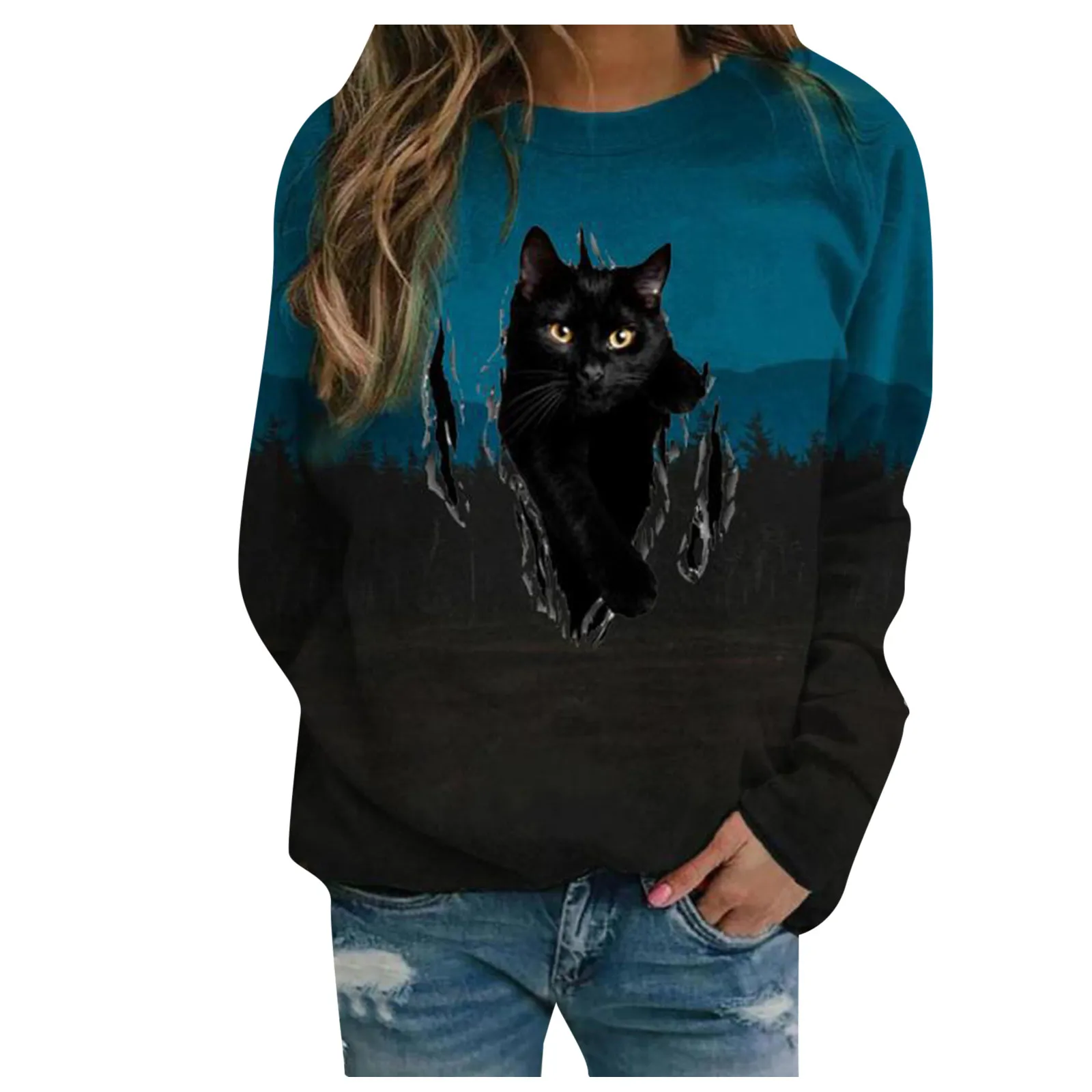 

Sweatshirts Women O Neck Casual Winter Animal Black Cat Print Long Sleeve Hoodie Warm Pullover Clothes Kawaii Hoodies Толстовка