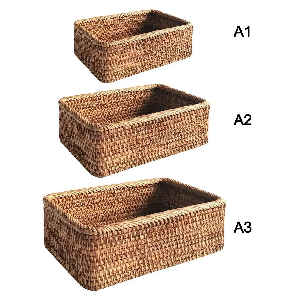 

Rattan Storage Basket Woven Container Fruit Tea Snack Bread Picnic Cosmetic Box Kitchen Supplies Rectangular Basket