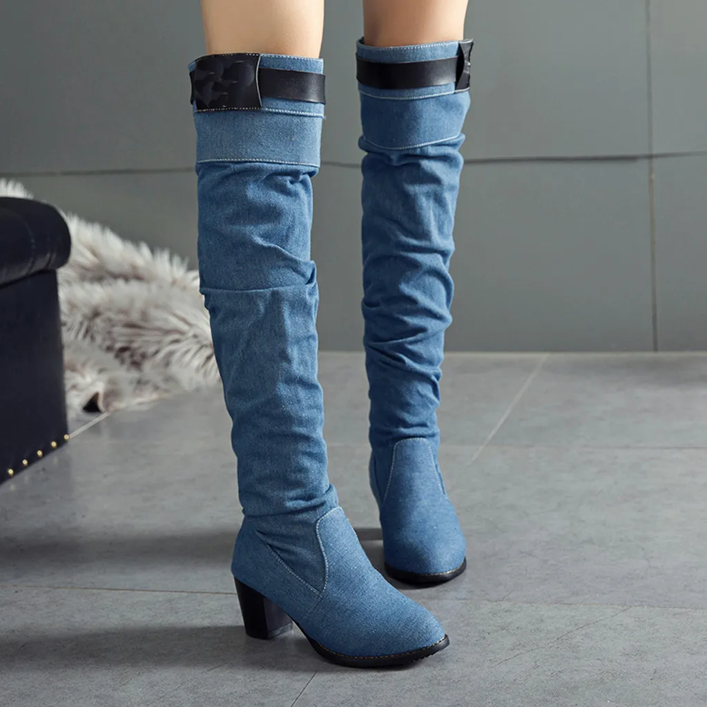 Сапоги до колена ботинки с высоким голенищем Модная женская джинсовая обувь