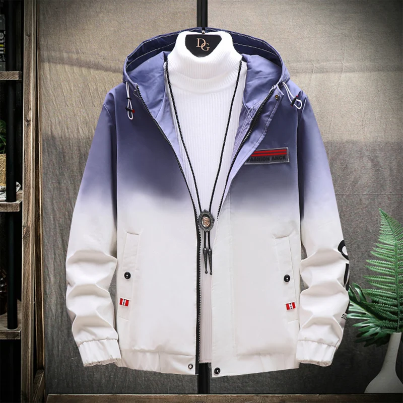 

2021 spring and autumn new men's zipper jacket, hip-hop contrast color men's hooded windbreaker, casual street all-match jacket