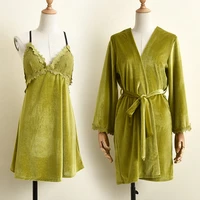 green long sleeve sleepwear women velour home clothing intimate lingerie casual velvet kimono robe set lace bathrobe gown