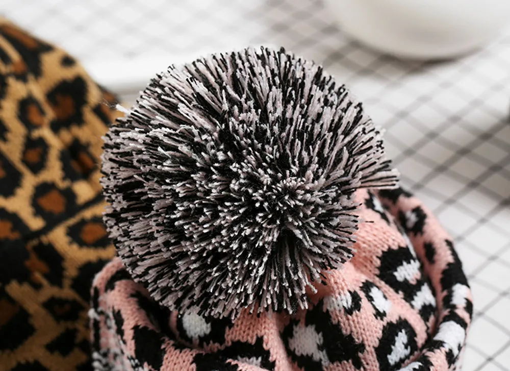 Леопардовая зимняя леопардовая вязанная Мужская меховая шапка с помпоном для