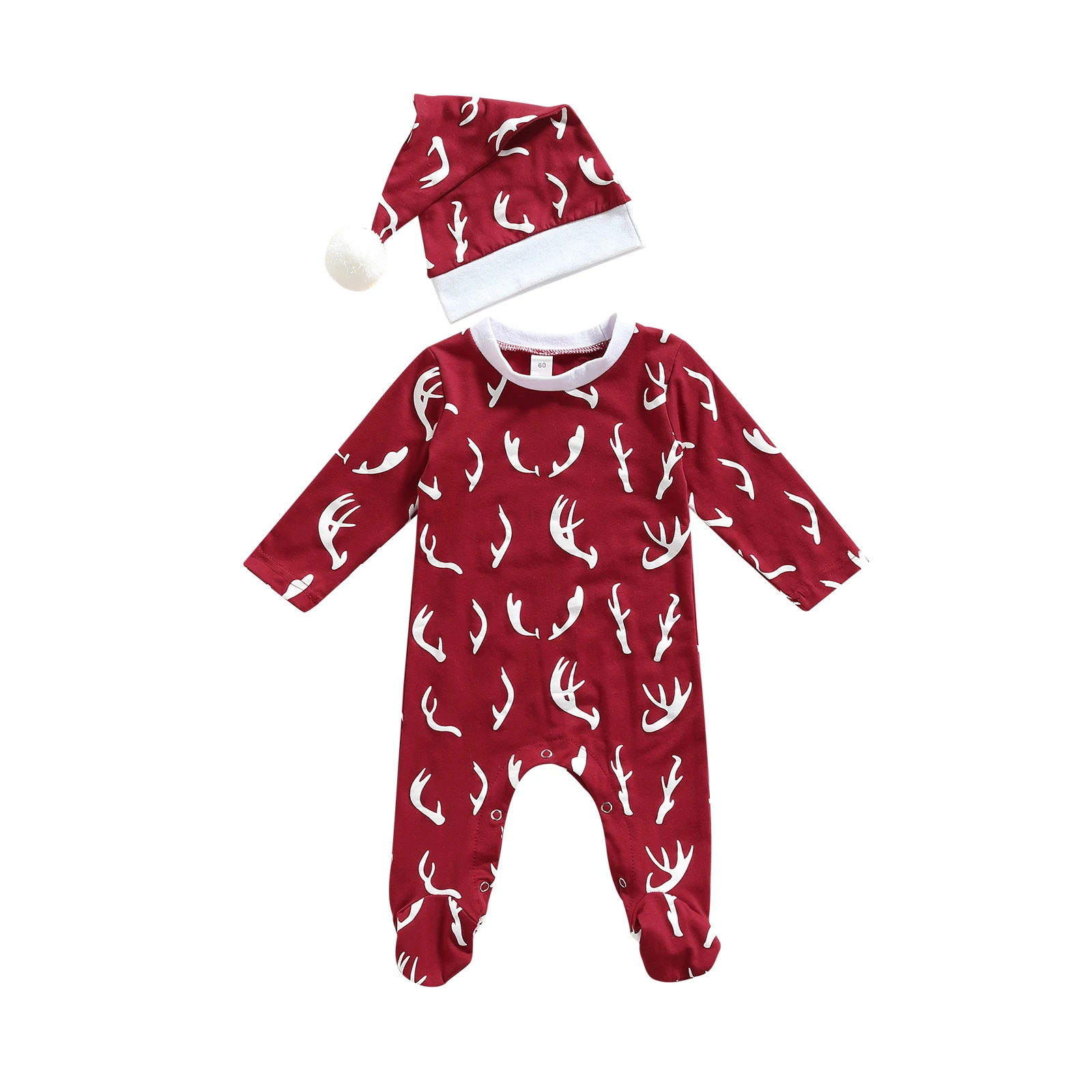 

Christmas 2Pcs Baby Boys Girls Outfit Toddlers Antler Printing Long Sleeve Round Collar Footed Jumpsuit + Plush Ball Cap 2021