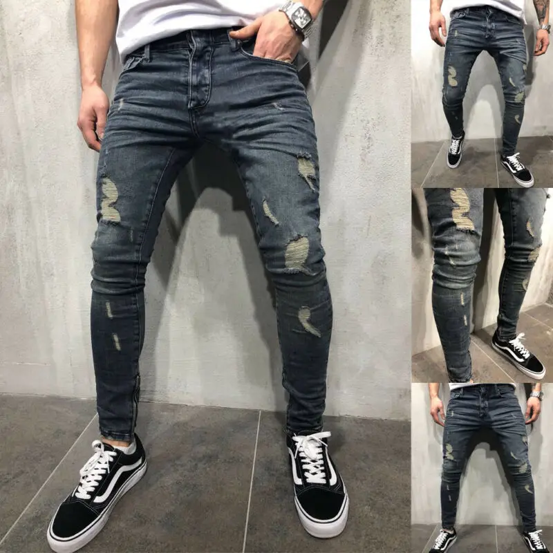 Мужские узкие джинсы с дырками в стиле хип хоп мужские винтажные синие и серые