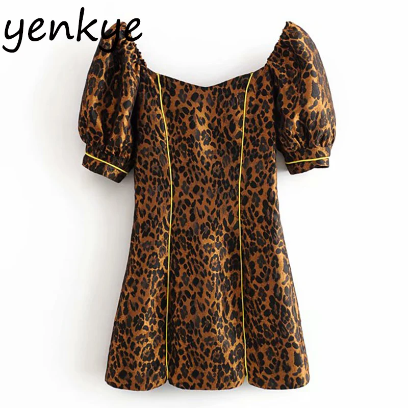 Женское леопардовое платье винтажное облегающее с рукавами фонариками и