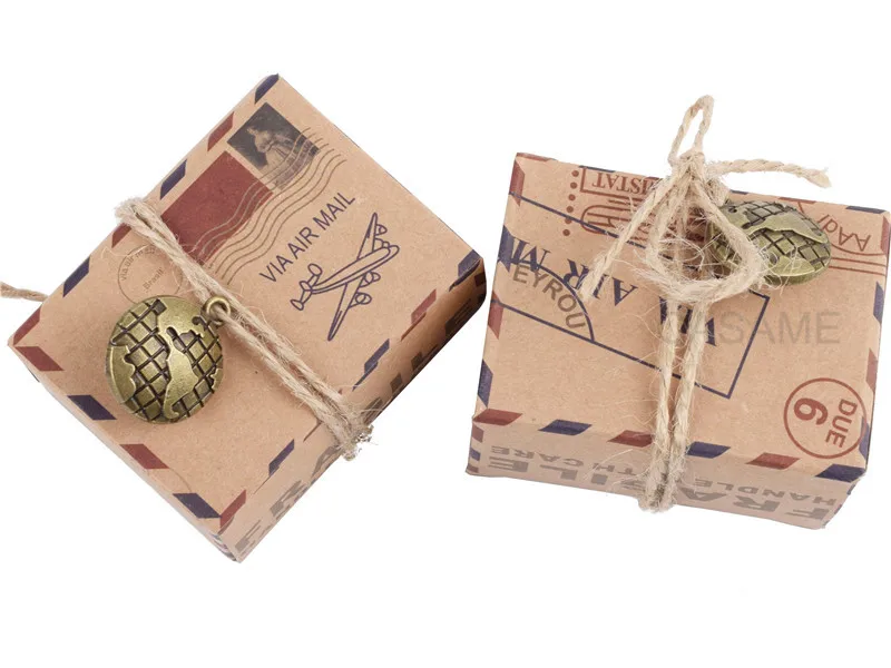 50Pcs paper Vintage Favors Candy Box Kraft Paper Travel Theme Airplane Air Mail Boxes Compass earth Wedding Party Souvenirs | Дом и сад