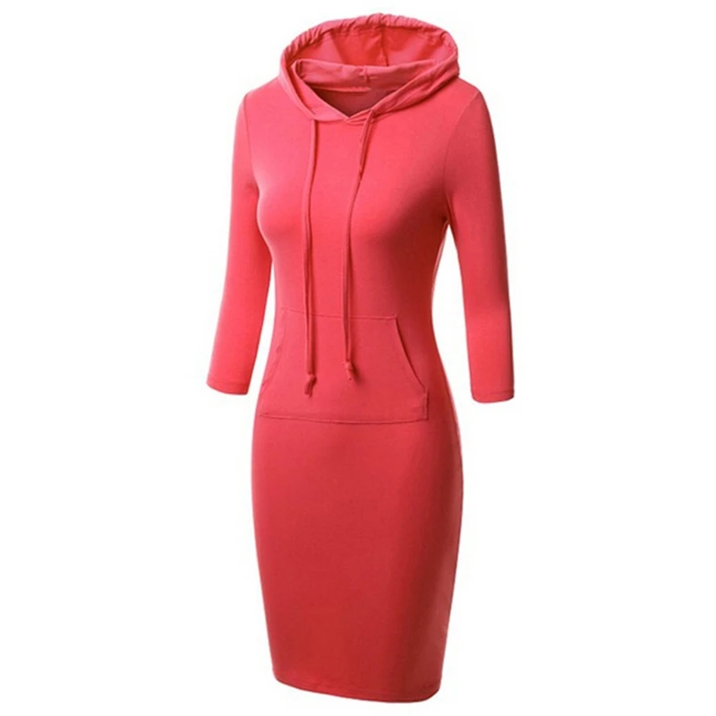 Женское платье с рукавом 3/4 однотонное средней длины капюшоном карманом-кенгуру