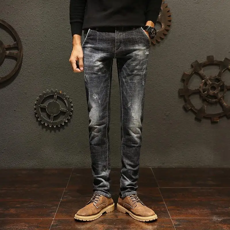 

Новое поступление мужские винтажные вышитые Стрейчевые джинсы облегающие джинсовые брюки байкерские брюки