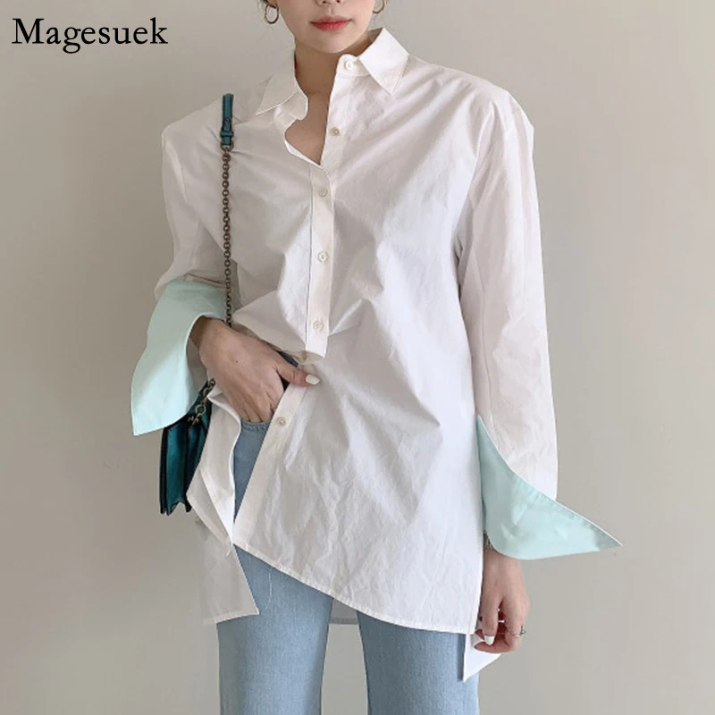 

2021 Осенняя тонкая женская блузка с разрезом, модная рубашка с длинным рукавом, однотонные корейские новые повседневные свободные топы, рабо...