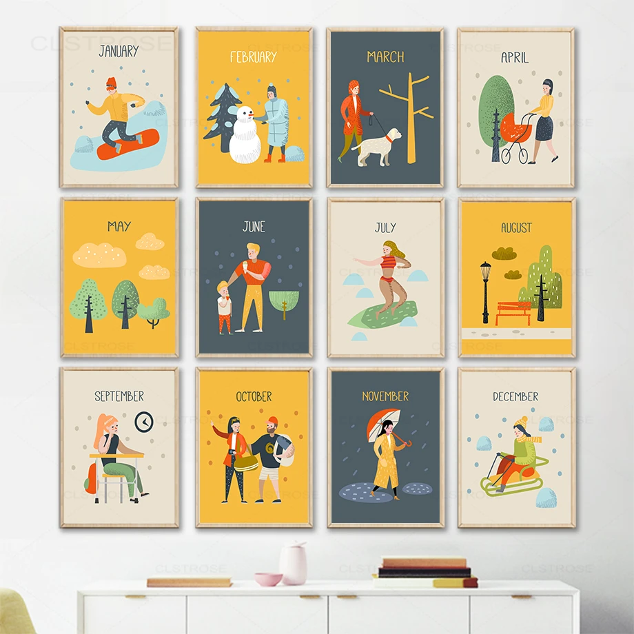 Красочные иллюстрации катание на лыжах собаке дереве скандинавские плакаты и