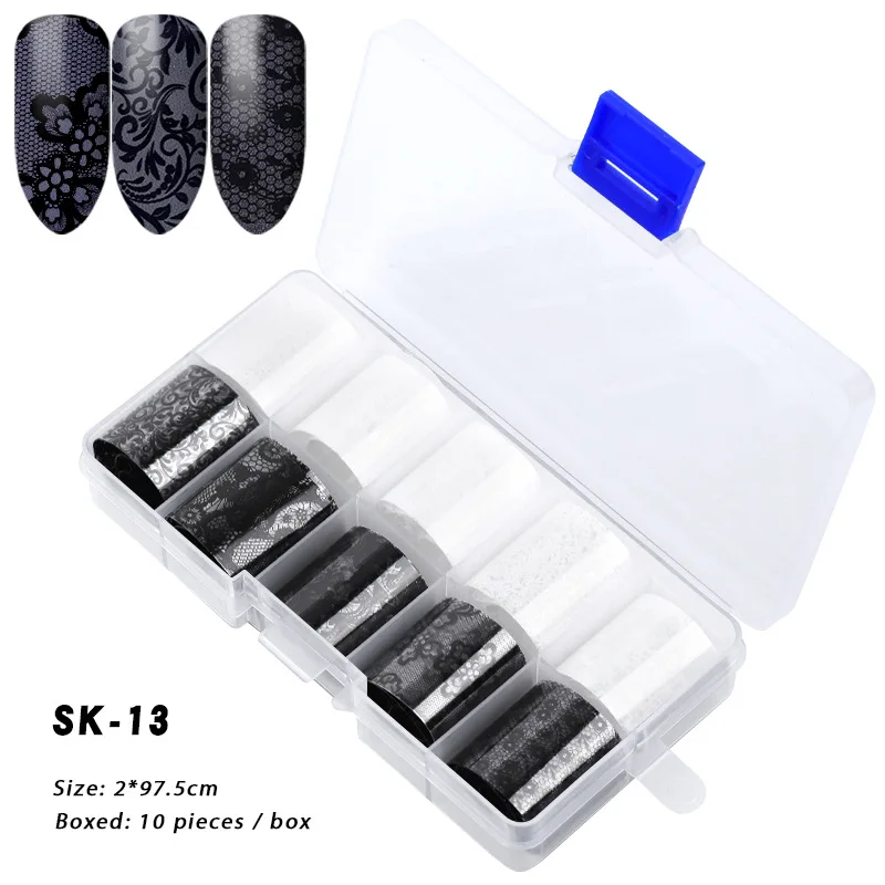 SK 13 10 шт Голографическая фольга для ногтей, набор прозрачных наклеек AB для переноса цвета, украшения 2,5*100 см, смешанные дизайны, наклейки для маникюра и нейл-арта - Цвет: SK 13