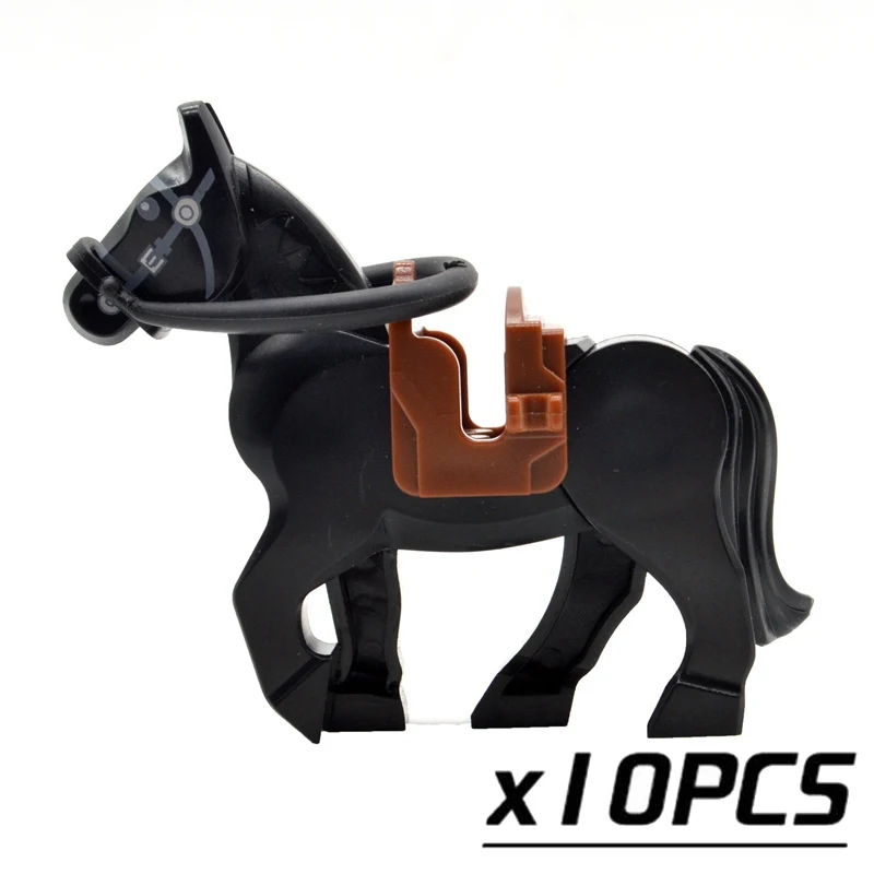 10pcs black horses 10 шт./лот Военная лошадь WW2 с седлом поводья Черный Белый Коричневый Строительные кирпичи блоки игрушки Аксессуары - Цвет: 10pcs black horses