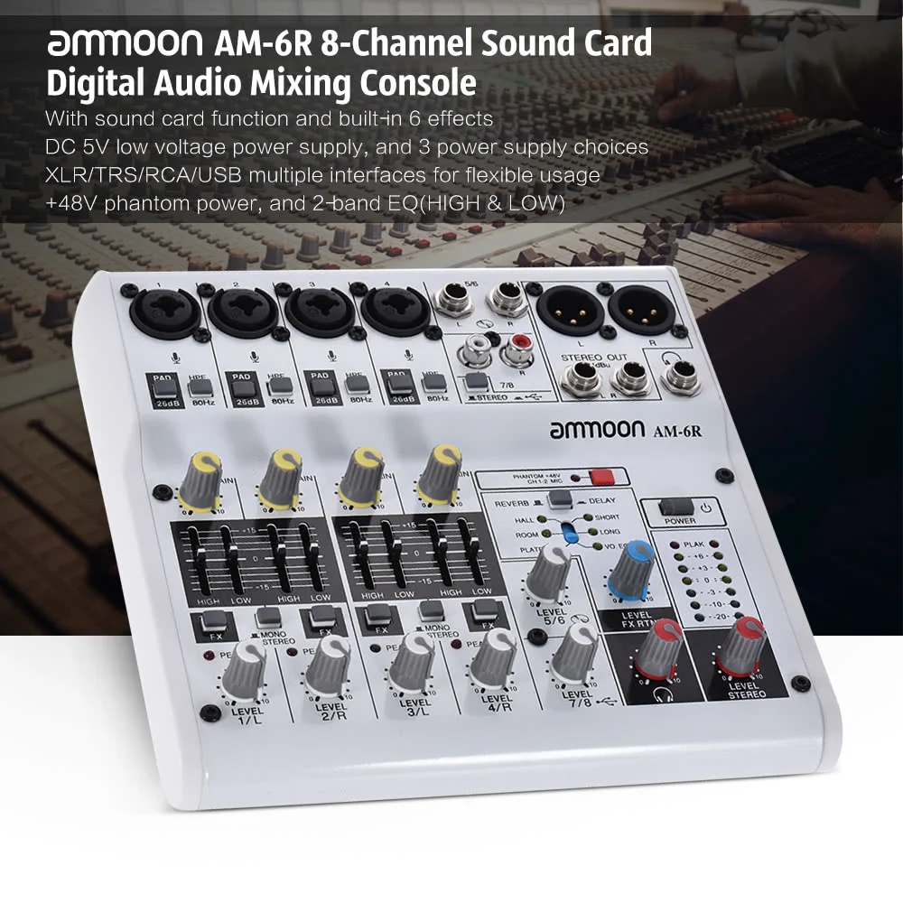 AM-6R Профессиональный 8-канальный Миксер с DSP эффектом реверберации MP3-плеер USB 48 в
