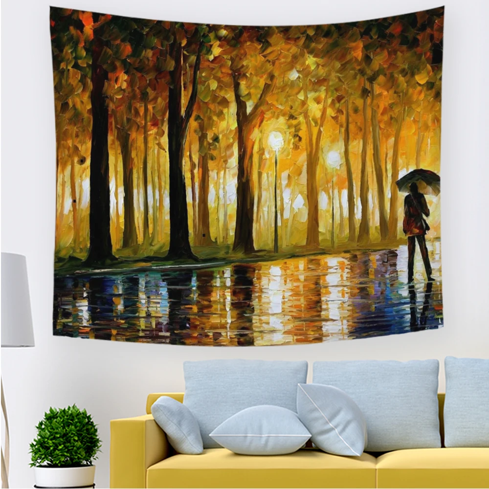 

Rainy Night Oil Painting Tapestry Wall Hanging 3D Big Moon Landscape Wall Fabric Blanket Dorm Art Home Decor For Living Room Bed
