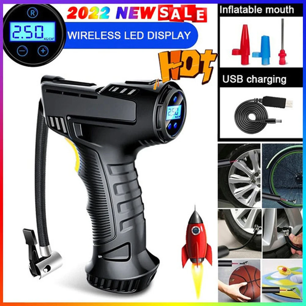 

Беспроводной надувной насос, 120 PSI, Вт, перезаряжаемый воздушный компрессор, портативный воздушный насос, насос для автомобильных шин, цифро...