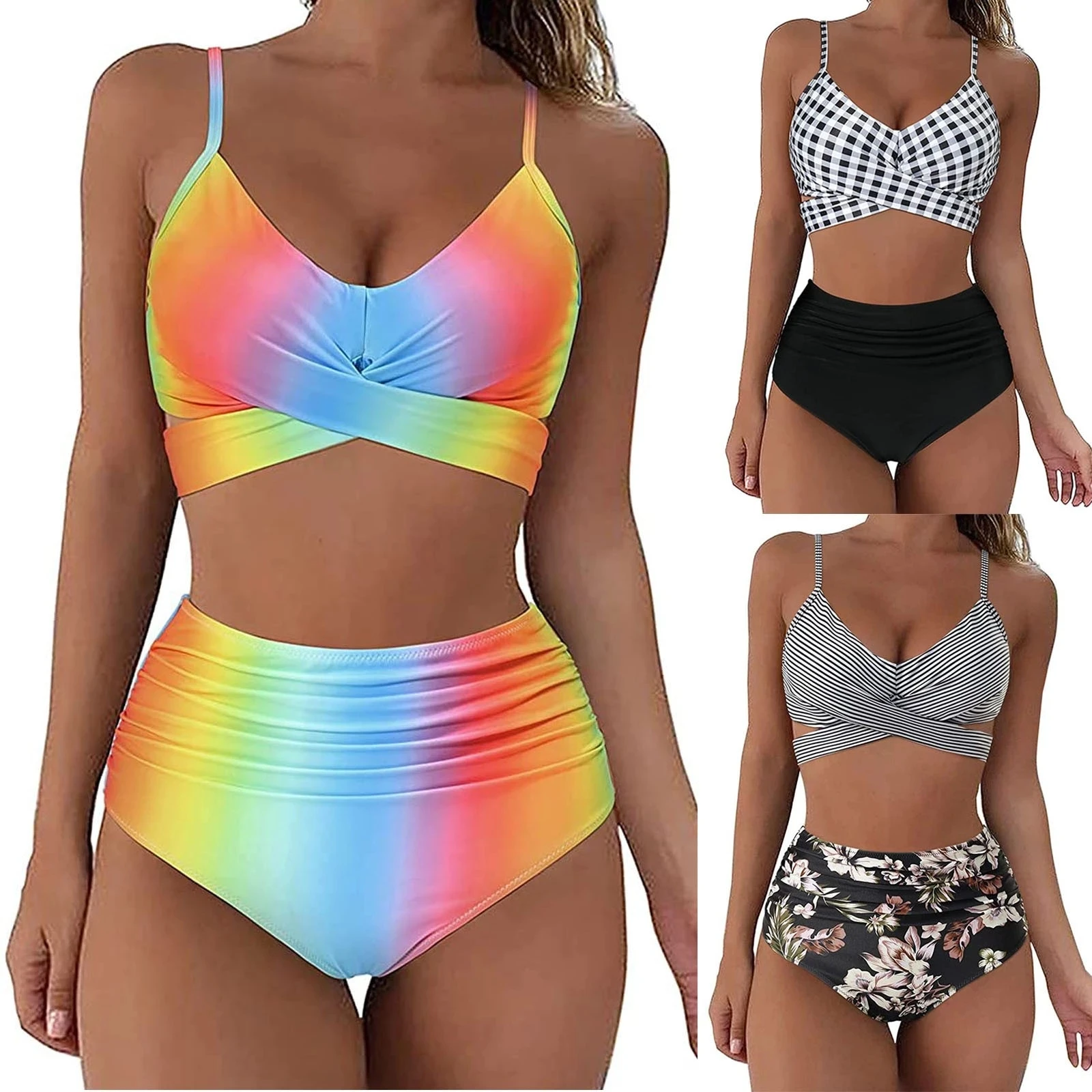 

2021 Bathing Suit Bandeau Sexy Women's Bikini High Waisted Tummy Control Two Piece Swimsuit Swimwear Tankini Купальник Новинка