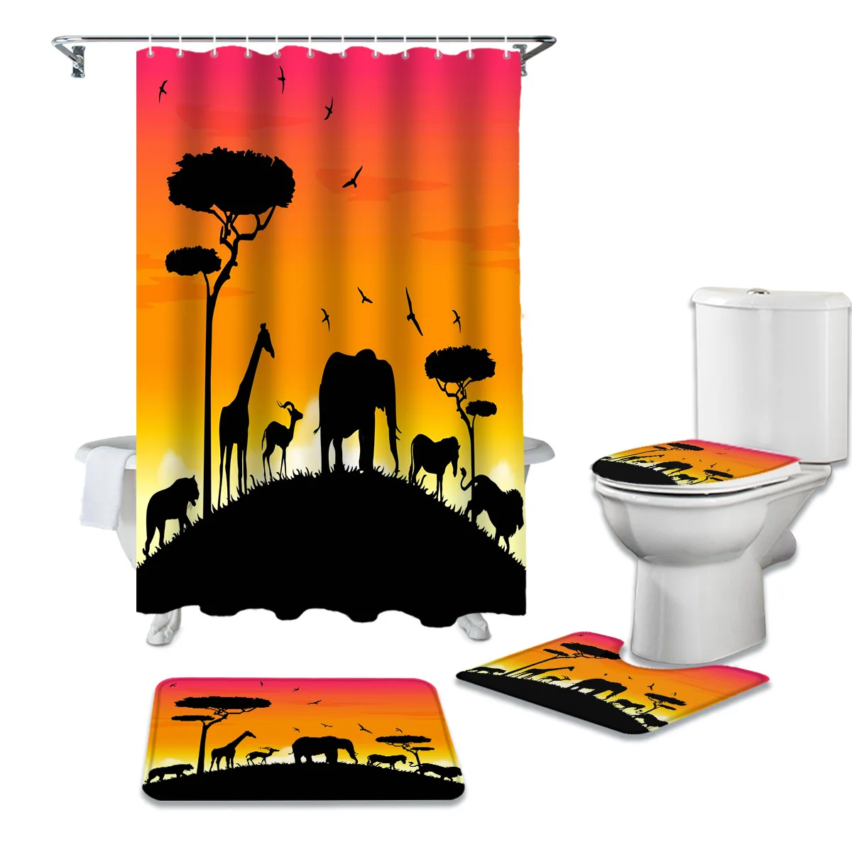 Птица слон жираф деревья закат занавеска для душа сиденье унитаза набор