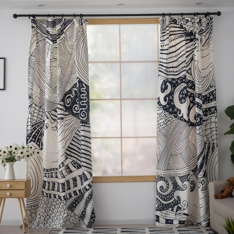 

Japanese Black White Curtain Window Blackout Customized Kitchen Curtains For Living Room Floor To Ceiling Printed Curtain