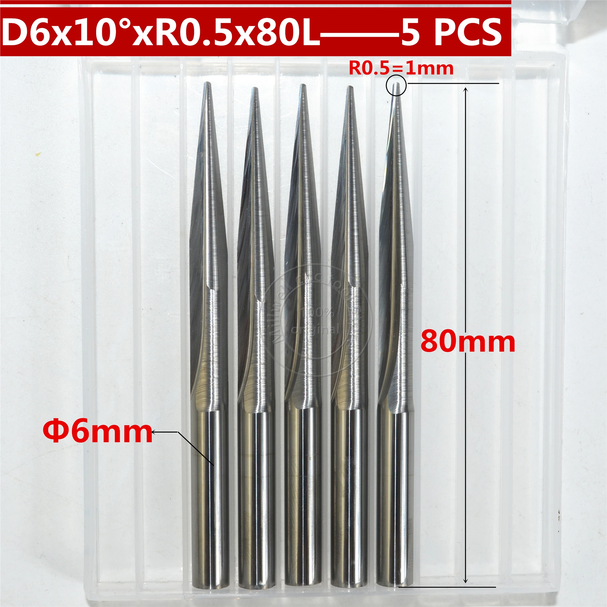5 шт.-6 мм * 10 ° R0.5 80L карбидная торцевая фреза с ЧПУ для деревообработки Концевая