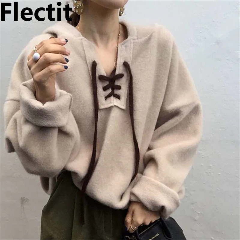 Толстовка Flectit женская с капюшоном Модный свитшот в Корейском стиле со шнуровкой