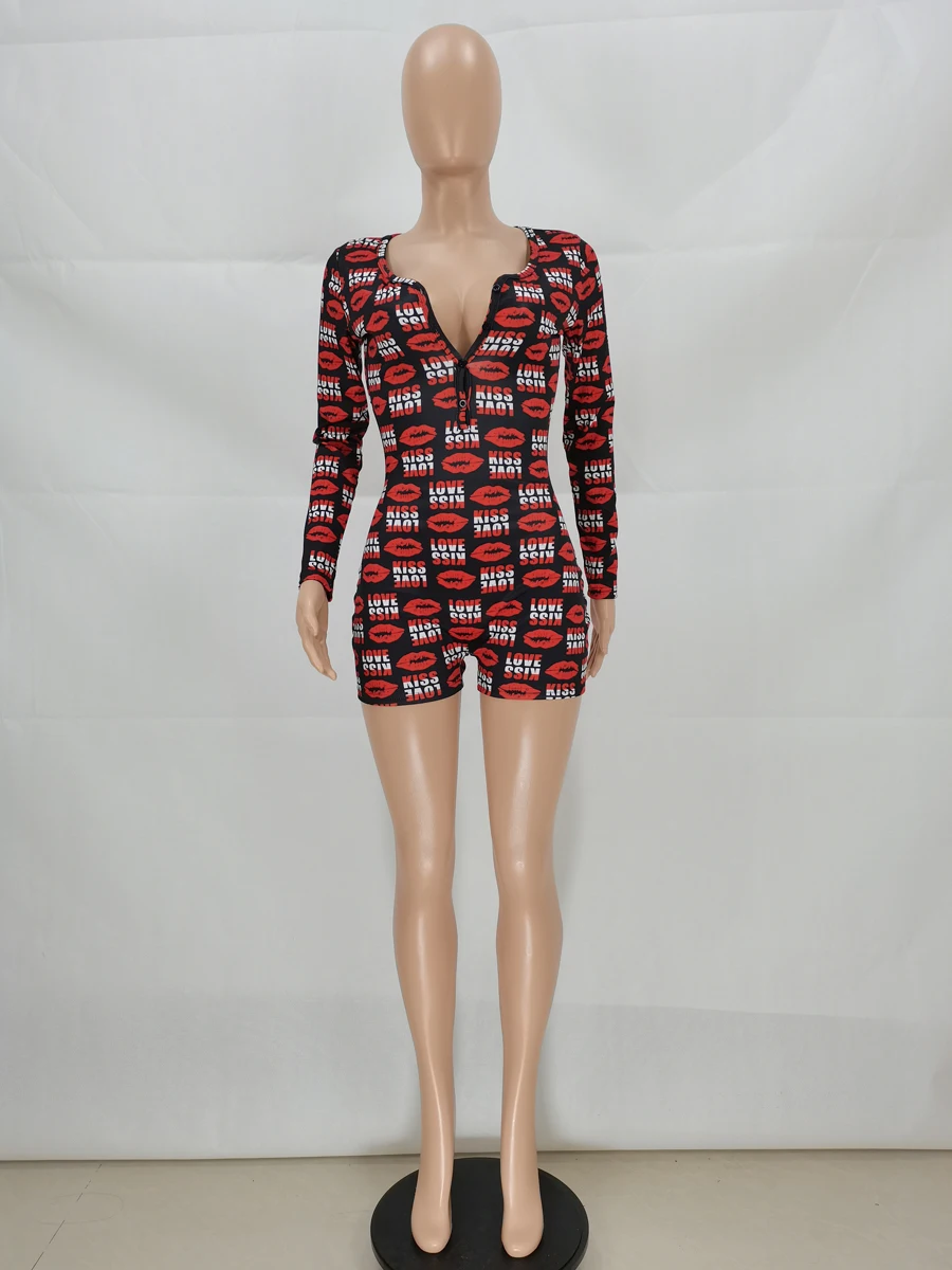 

2021 Women's New Arrival Spring Jumpsuit 2021 Sexy Tight V-neck Long Sleeve Fashion Casual Home Printed Button Jumpsuit