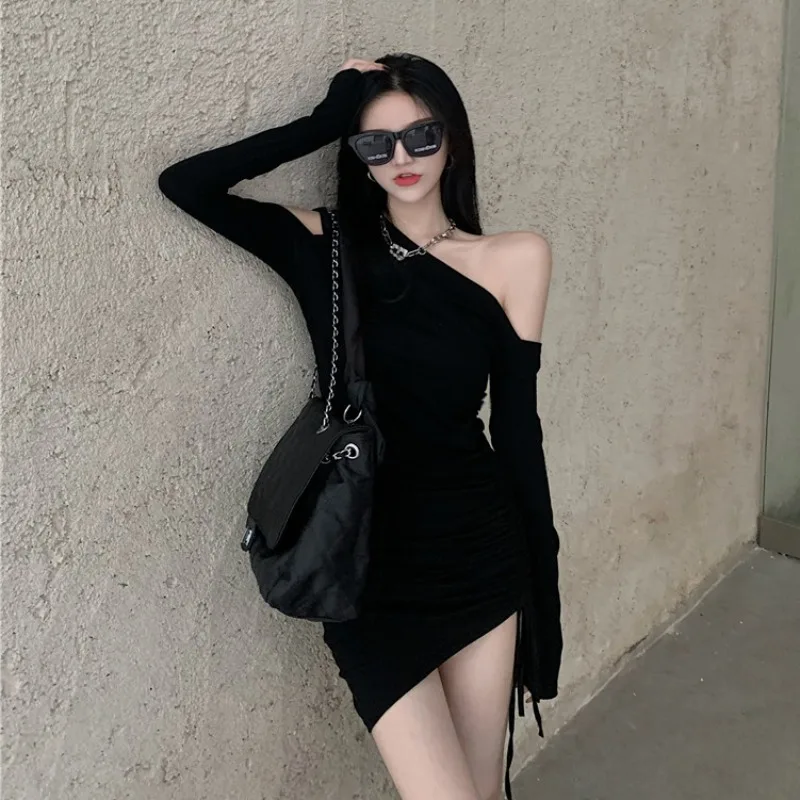 

2021Korean Fashionn blackDress Women Sexy Spring AutumnOblique Collar Long Sleeve Elegant FoldPleayed Short Party Mini Dress