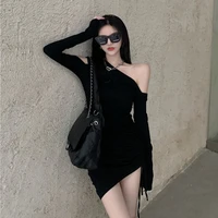 2021korean fashionn blackdress women sexy spring autumnoblique collar long sleeve elegant foldpleayed short party mini dress
