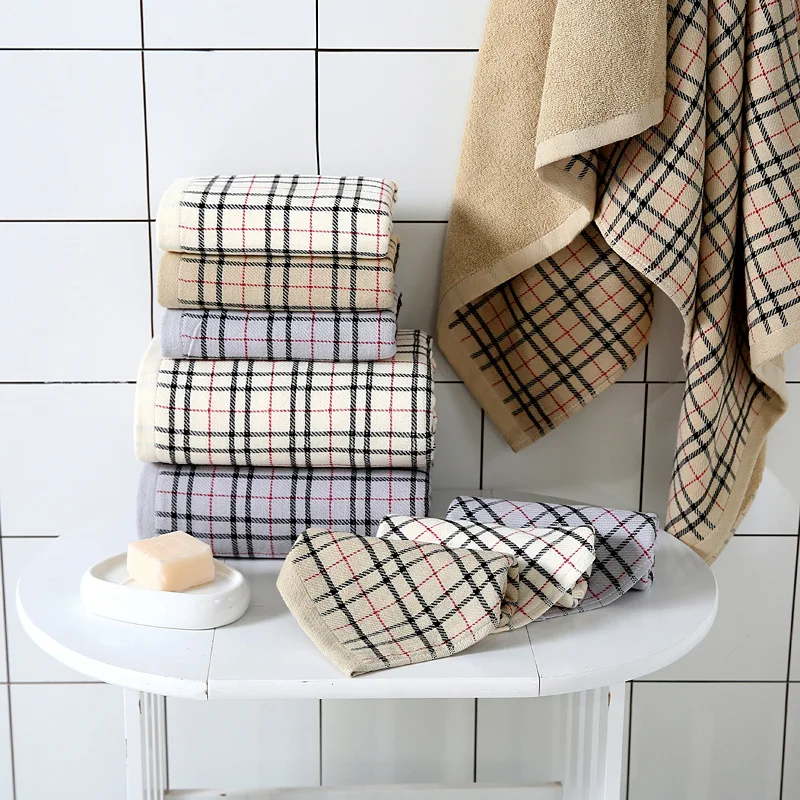 

2020 new Adult bath towel check three-piece set, one side gauze and one side terry 100% cotton bath towel towel square towel set