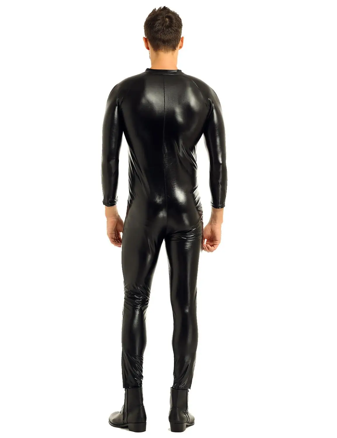 IEFiEL мода мото мужчины бодичулок лакированная кожа Wetlook передний Облегающий комбинезон с застежкой-молнией комбинезон Ночная Клубная одежда костюм представление