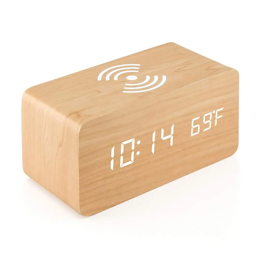 LED Digital Clock Wooden Alarm Table Voice Control Electronic Desktop With Wireless Charging | Дом и сад