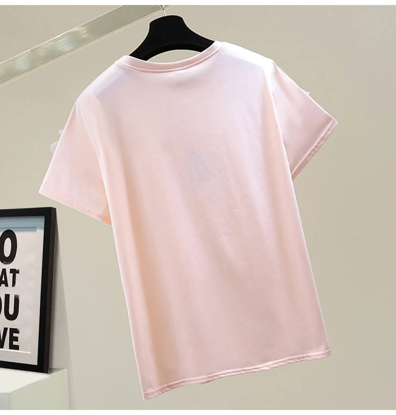 

Beads Rhinestones Short-Sleeved T-shirt Women 2021 Summer Loose Pullover Crew Neck Personality Flower Solid Color Versatile Top