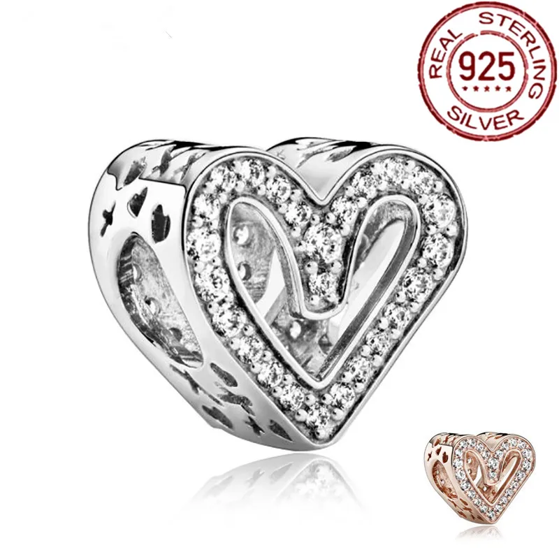 

2021 Hot Sale Pavé Silver Hollow Large Hole Beads Love Heart Zircon Charms for Pandora Bracelet Diy Separate Bead Accessories