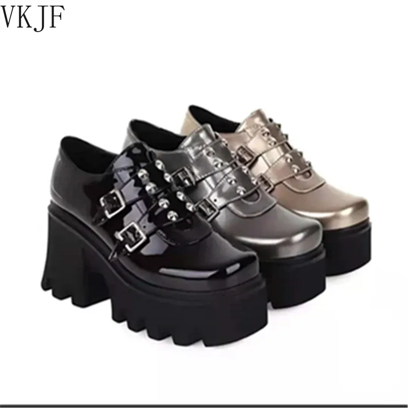 

Fashion Rivets Creepers Platform Shoes Gothic Chunky Heel Women Shoes High Heel Gold Silver Patent Leather Plus