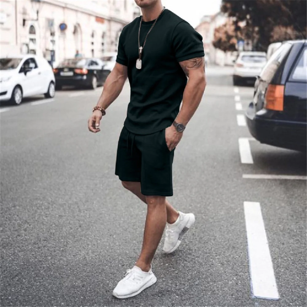 

100% Cotton Men's Set Suit Casual Streetwear Two Piece Short Sleeve Shorts Sets Leisure Men Beach Shirt Suit Summer Track 2021