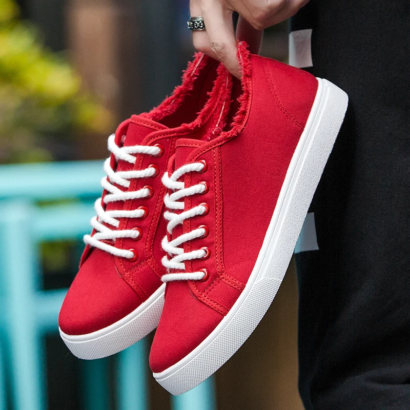 

Pleated Red Sneakers Men Casual Canvas Shoes Frayed Raw Man's Fashion Sneakers Non-slip Mens Flat Trainers Soft Espadrilles